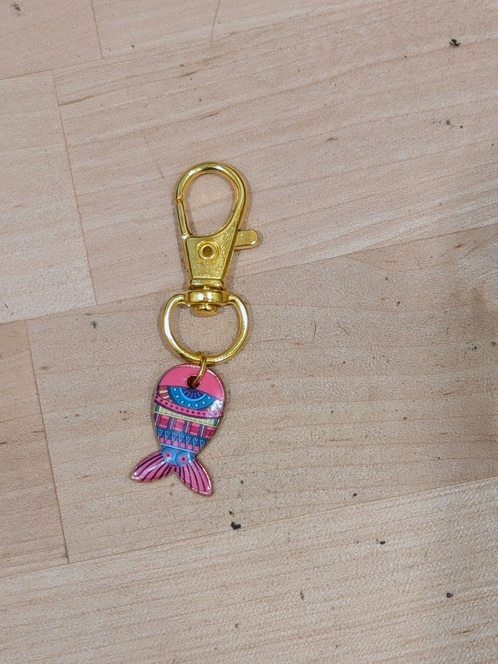 Gold Keychain with Pink Patterned Fish Charm